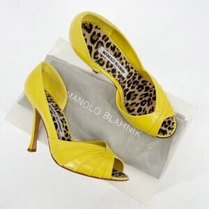 Manolo Blahnik Retro Yellow Risa Leather Peep Toe D'Orsay Heels size IT 37